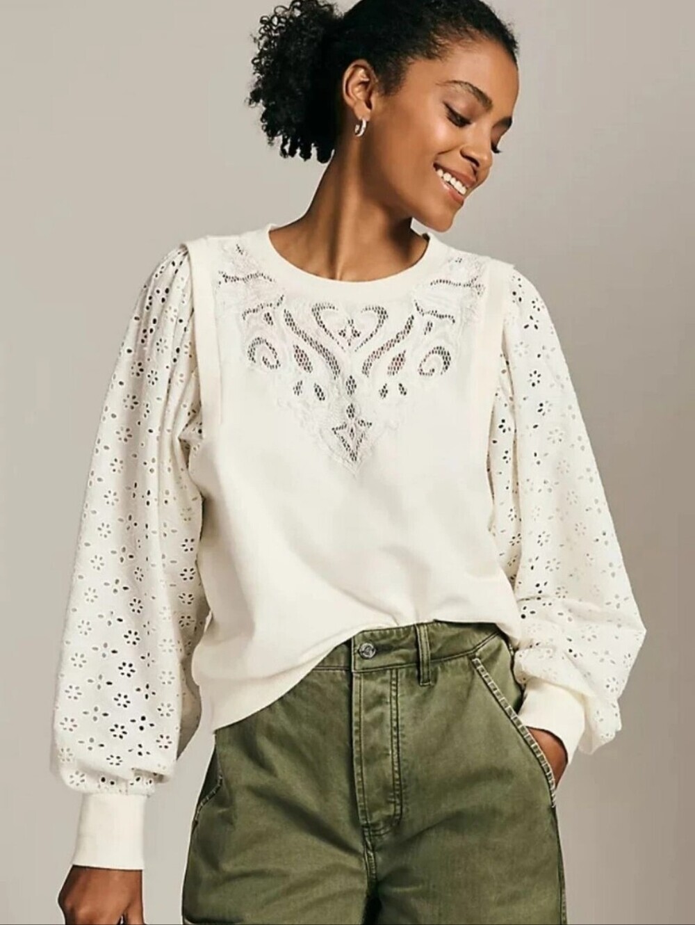 Pilcro Small 'Washed' Eyelet Sweatshirt Top, Ivory White, Balloon Sleeve, Cotton